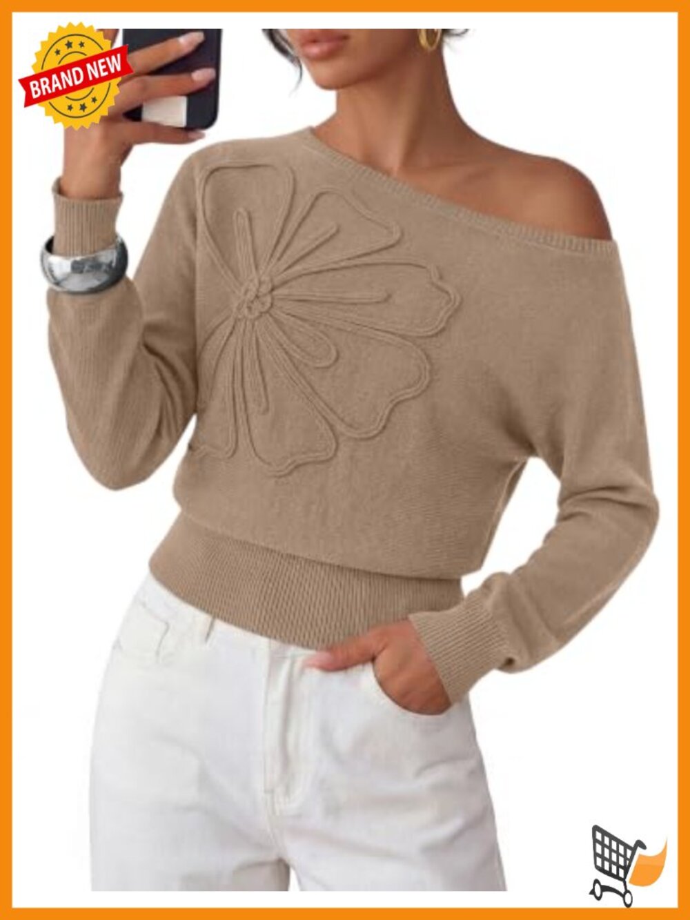 Womens Off Shoulder Sweater Convertible Boat Neck 3D Flower Knit Pullover